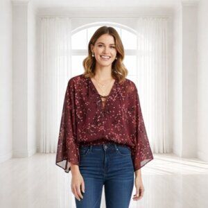 Express Burgundy Cherry Blossom Blouse - Sheer - Kimono Sleeves - Medium